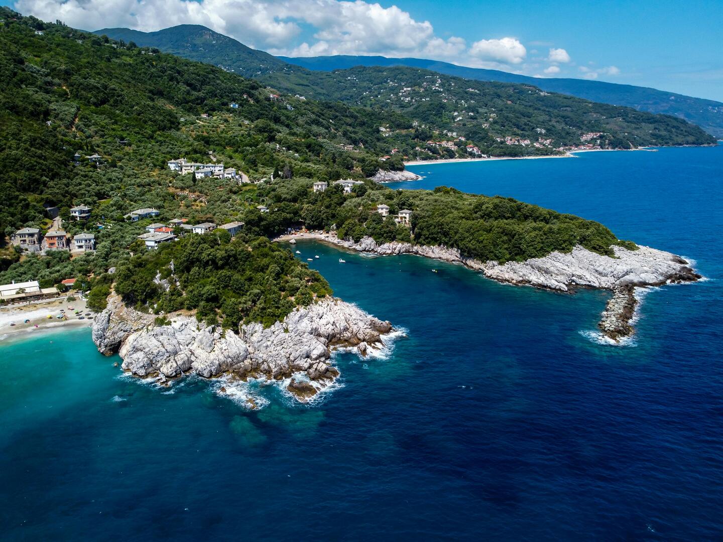Pelion peninsula coastline and traditional stone villages above the Aegean Sea